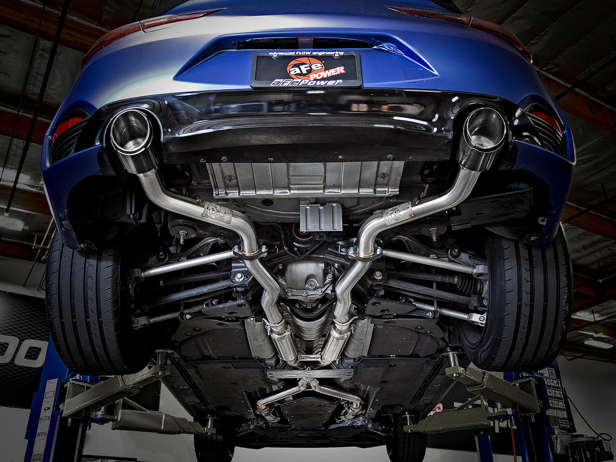 aFe POWER Takeda 2.5in 304 SS CB Exhaust w/ Blue Flame Tips 17-19 Infiniti Q60 V6-3.0L (tt)