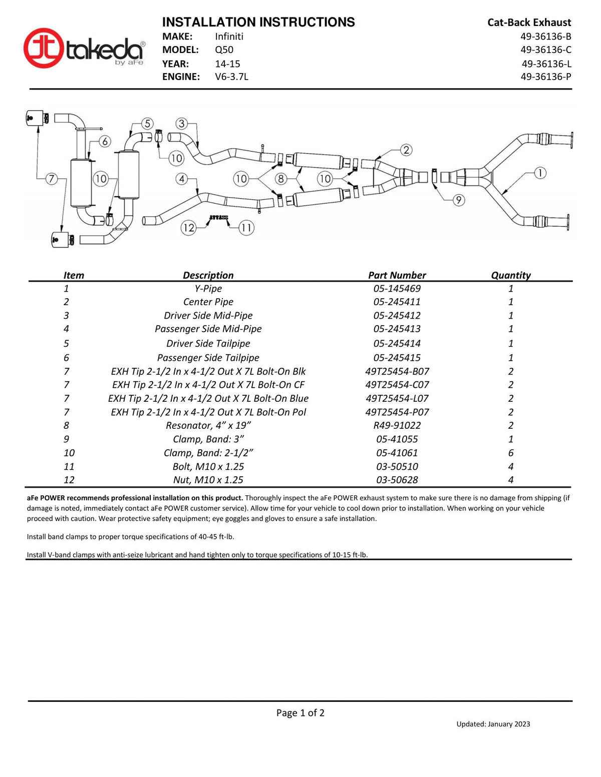 aFe 14-15 Infiniti Q50 V6 3.7L Takeda 2.5in 305 SS Cat Back Exhaust System w/ Black Tips