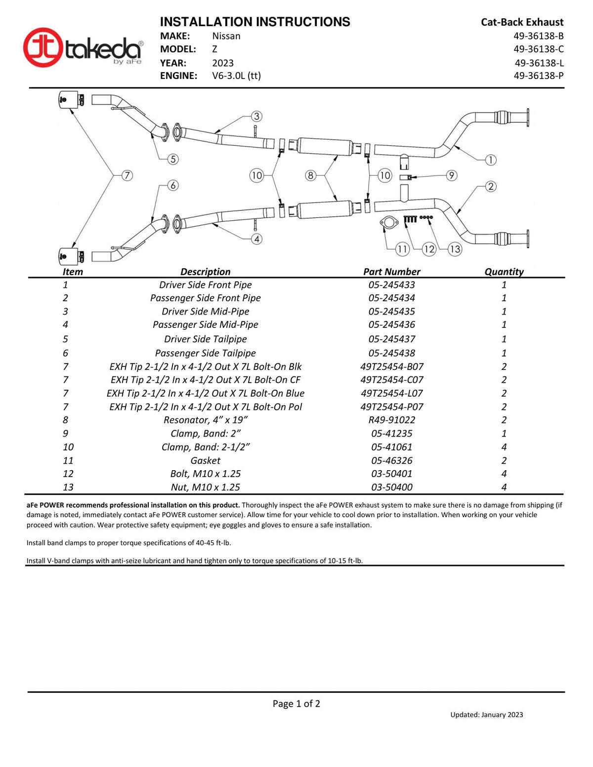 aFe POWER Takeda 2023 Nissan Z 2 1/2in 304 SS Cat-Back Exhaust System w/ Carbon Fiber Tips