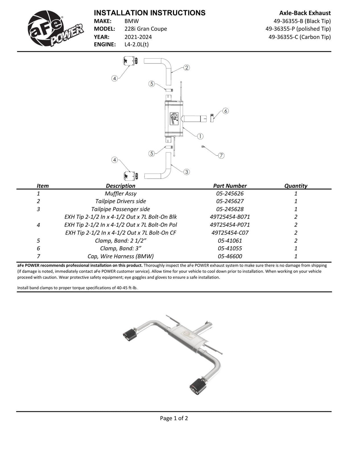 aFe MACH Force XP Exhausts Axle-Back 21-24 BMW 228i 2.0T (SS w/ Black Tips)
