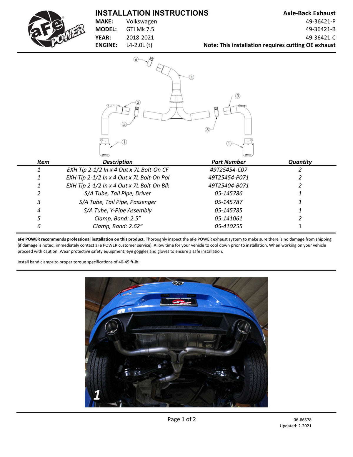 aFe 18-20 VW GTI (MK7.5) 2.0L MACH Force-Xp 3in to 2.5in 304 SS Axle-Back Exhaust System- Carb. Tips