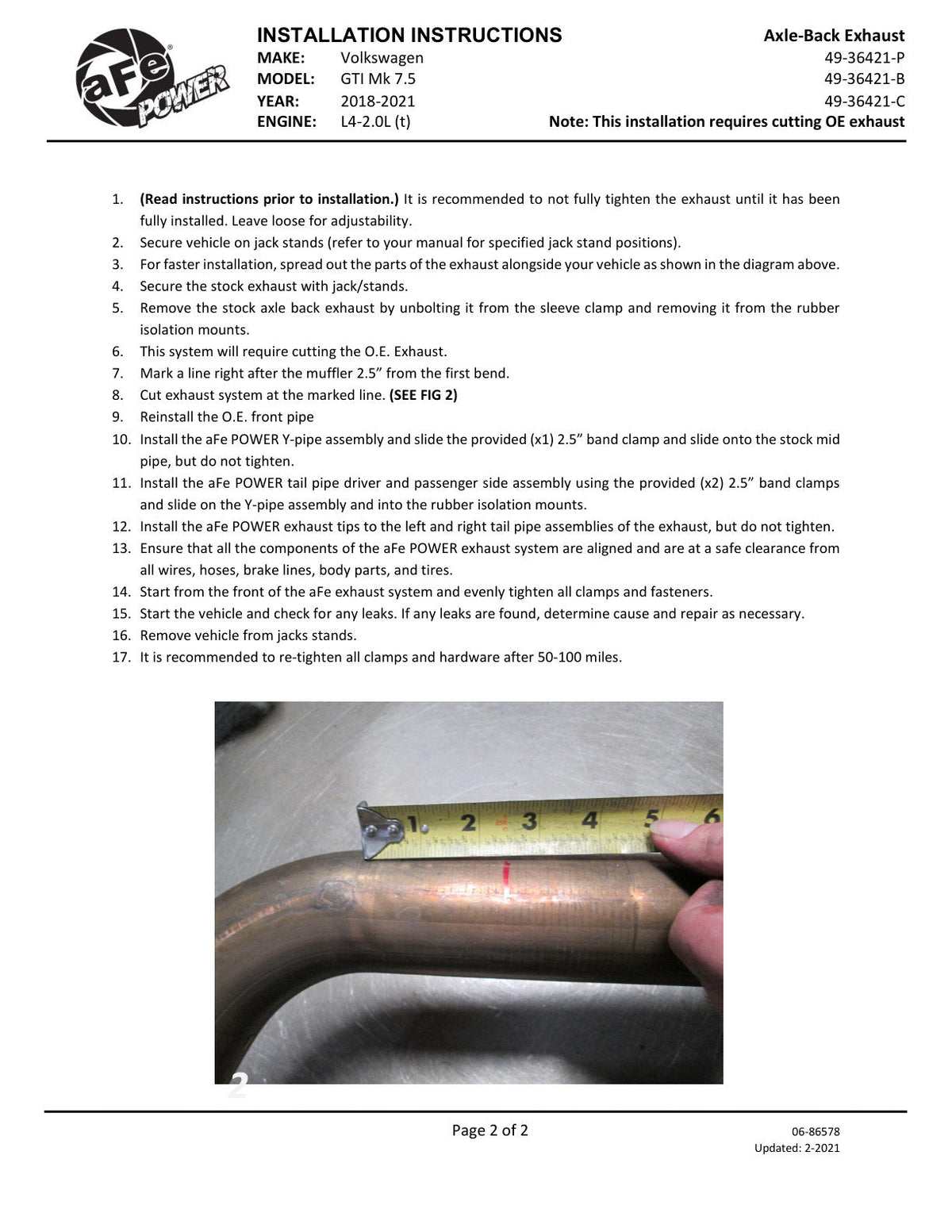 aFe 18-20 VW GTI (MK7.5) 2.0L MACH Force-Xp 3in to 2.5in 304 SS Axle-Back Exhaust System- Carb. Tips
