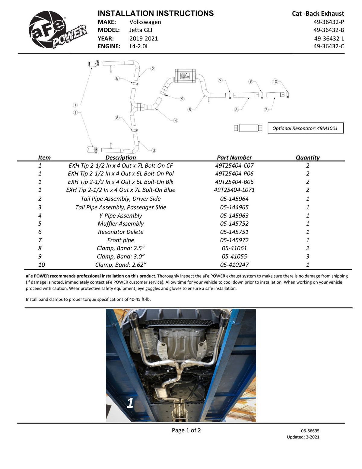 aFe 19-21 VW Jetta GLI (MKVII) L4-2.0L (t) MACH Force-Xp 304 SS Cat-Back Exhaust System Blue Tips