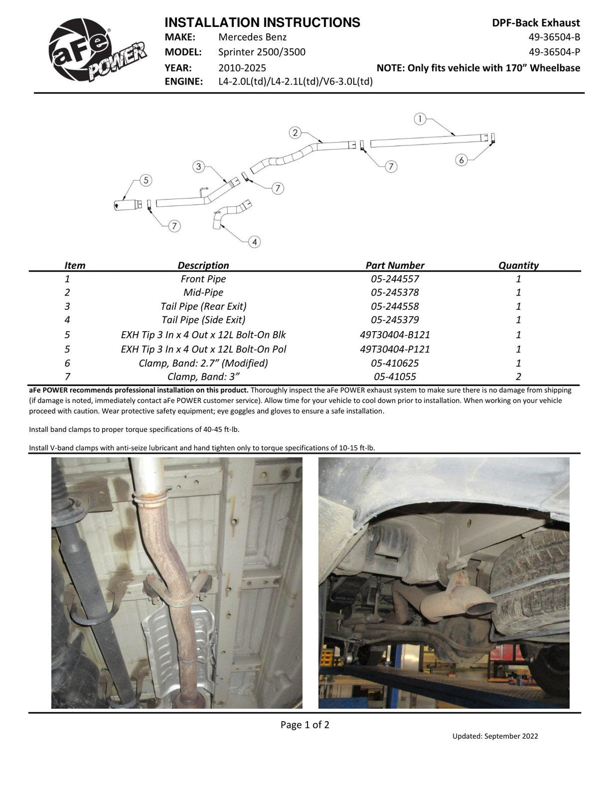 aFe Vulcan Series 3in 304SS DPF-Back Exhaust 10-25 MB Sprinter 2500/3500 V6-3.0L w/ Polished Tips