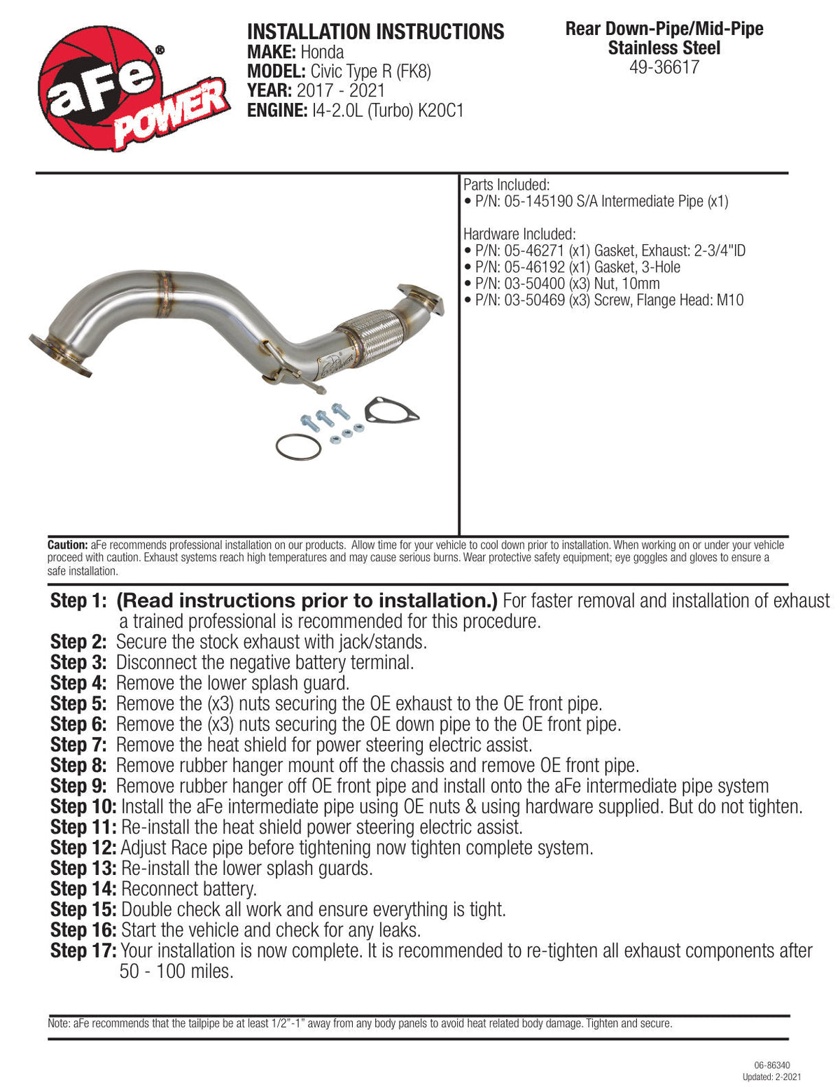 aFe Twisted Steel 3in Rear Down-Pipe/Mid Pipe 2017+ Honda Civic Type R I4 2.0L (t)