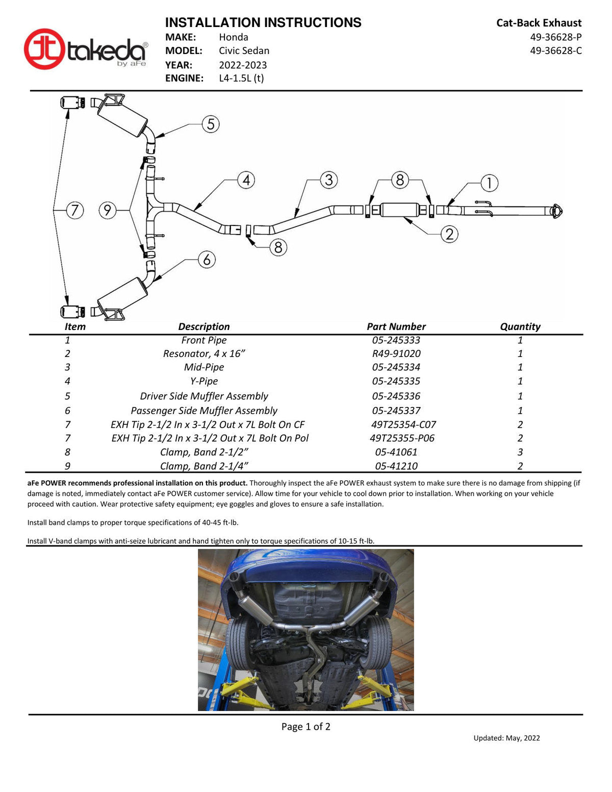 aFe Takeda 2.5in 304 SS Cat-Back Exhaust System w/CF Tips 2022+ Honda Civic L4-1.5L (t)