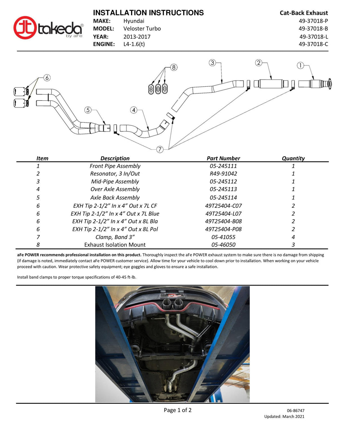 aFe Takeda 2-1/2in to 3in SS-304 Cat-Back Exhaust w/ Blue Flame Tips 13-17 Hyundai Veloster L4-1.6L