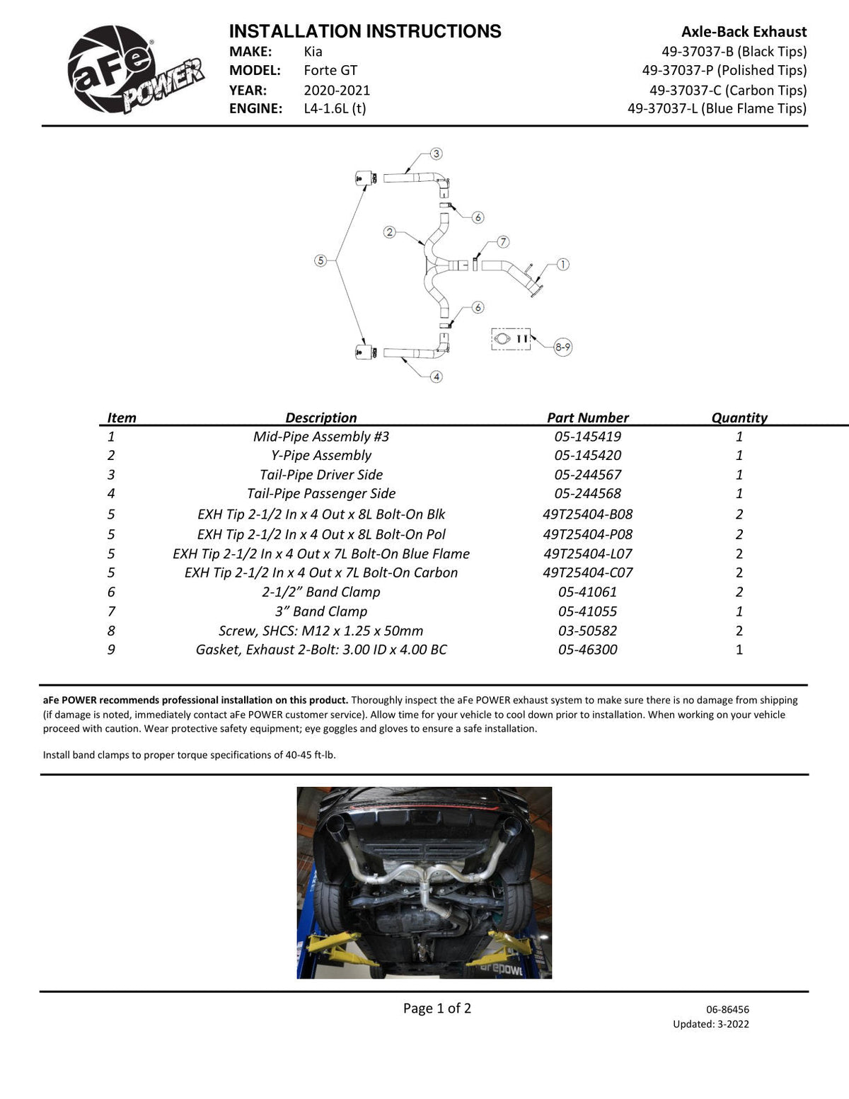 aFe 20-21 Kia Forte GT 1.6L 3in-2.5in 304 Stainless Steel Axle-Back Exhaust w/ Black Tips