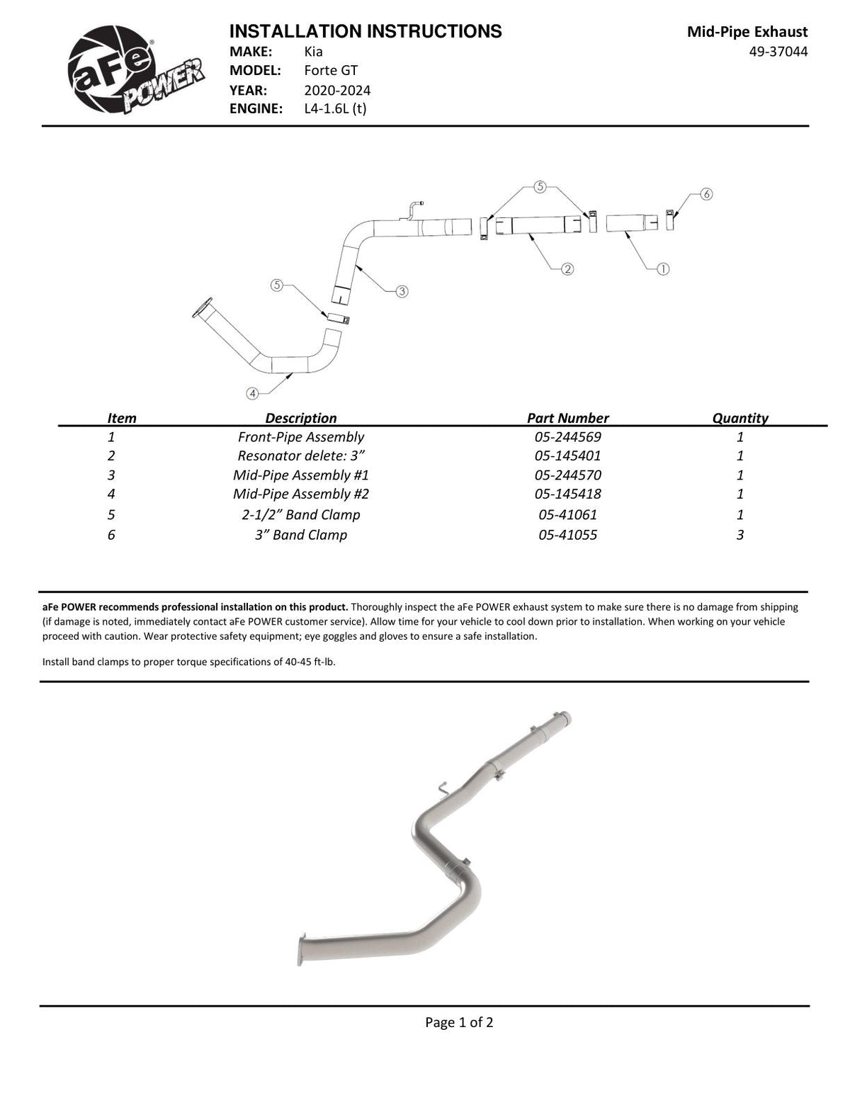 aFe Takeda 20-24 Kia Forte GT 1.6L (t) 3in 304 Stainless Steel Mid-Pipe