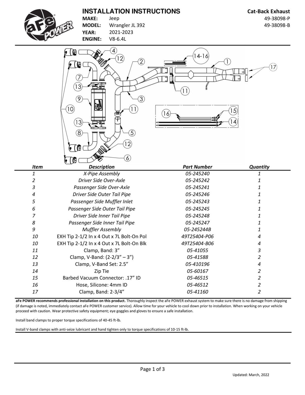 aFe Vulcan Series 2.5in 304SS Cat-Back Exhaust 2021+ Jeep Wrangler 392 6.4L w/ Polished Tips