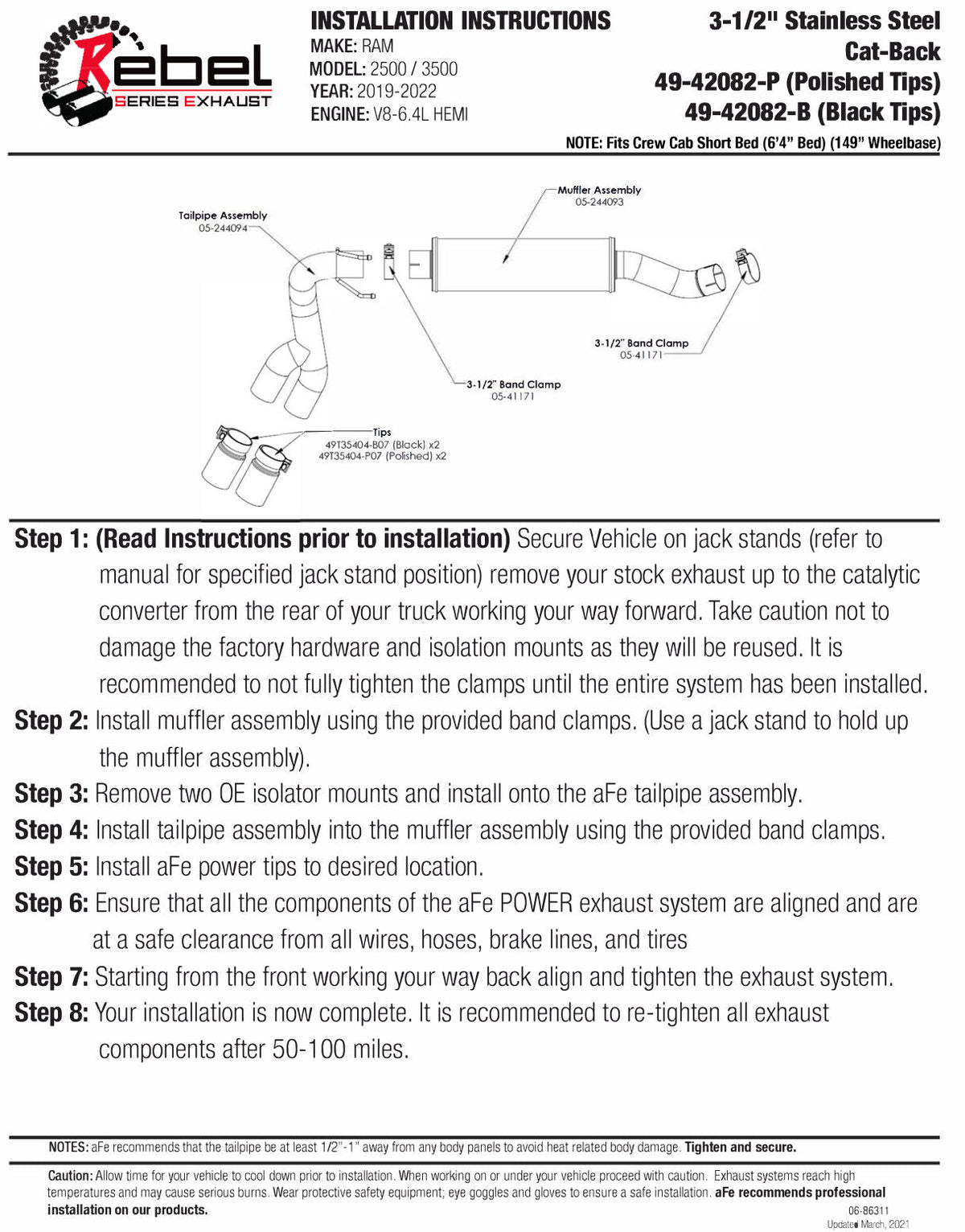 aFe POWER Rebel Series 3.5in SS Cat Back Exhaust w/Pol Tips 19-21 RAM V8-6.4L Hemi