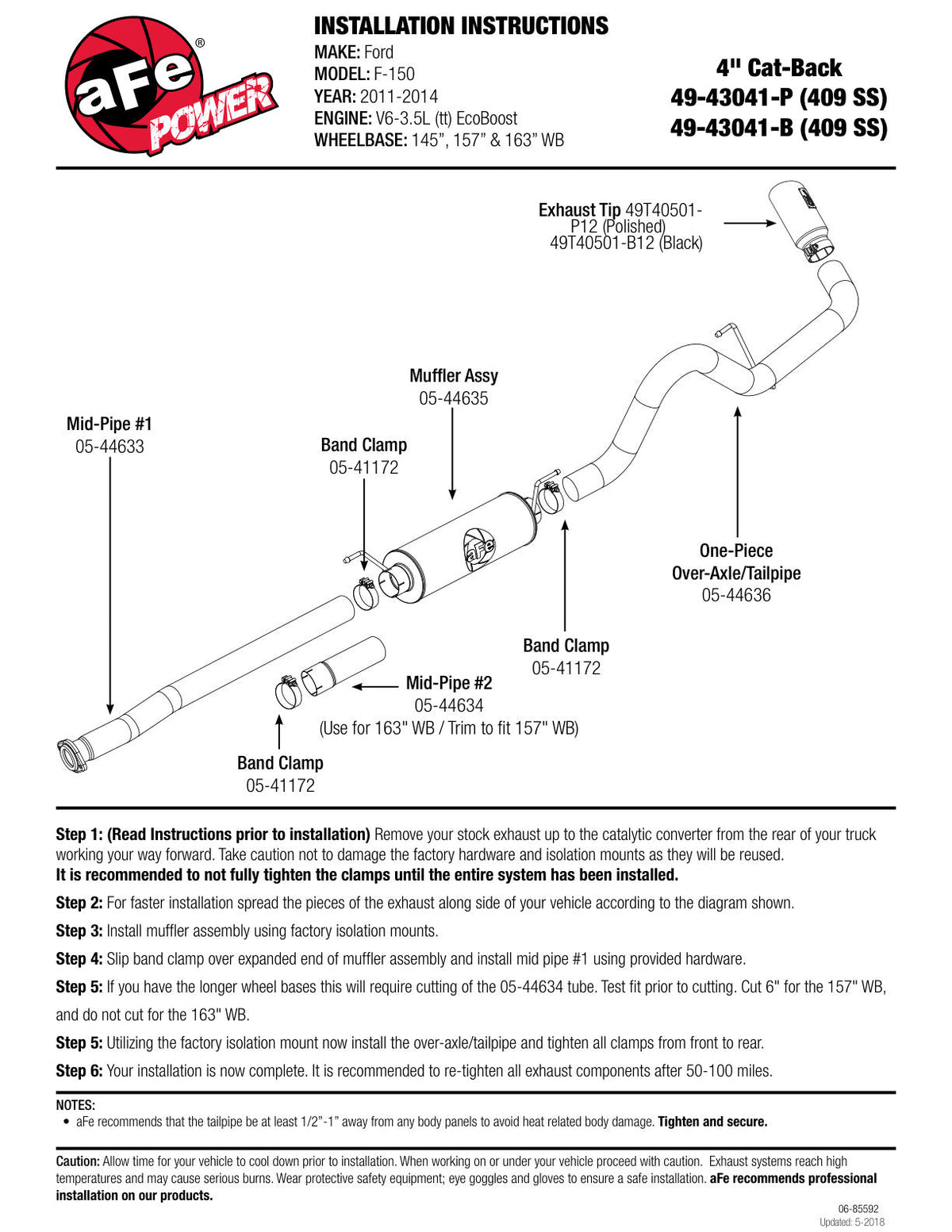 aFe MACH Force XP Exhaust Cat-Back SS-409 4in Black Tip 11-12 Ford F-150 EcoBoost V6-3.5L (tt)