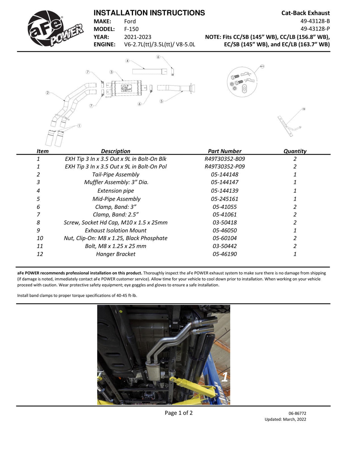 aFe Rebel 3in 409 SS Cat-Back Exhaust 2021 Ford F-150 V6 2.7L/3.5L (tt)/V8 5.0L w/ Black Tips