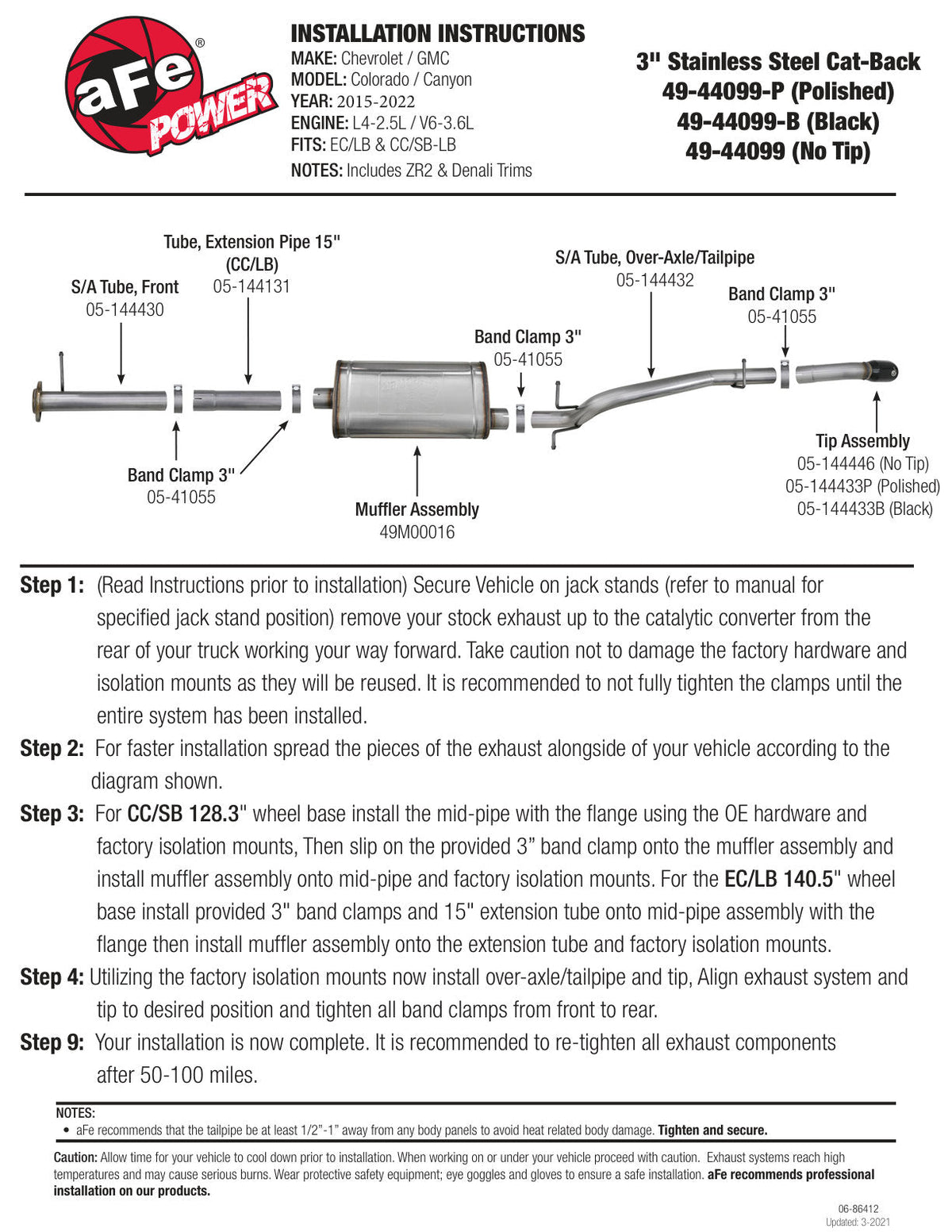 aFe MACH Force-Xp Hi-Tuck 3in. 409 SS C/B Exhaust 15-18 GM Colorado/Canyon L4-2.5L/V6-3.6L - Raw Tip