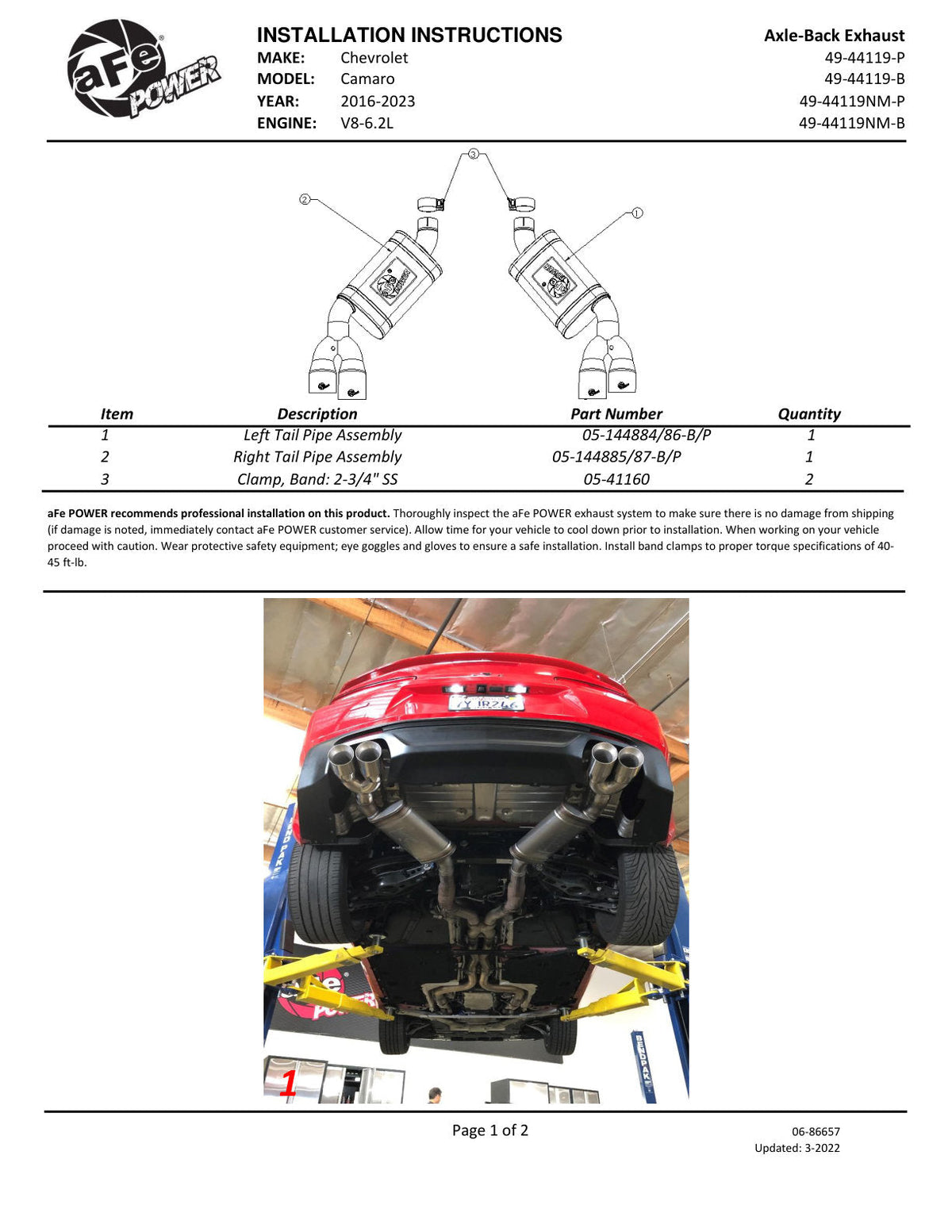 aFe POWER MACH Force-Xp 3in Axle-Back Exhaust 16-20 Chevy Camaro SS V8 6.2L w/o Mufflers - Polished