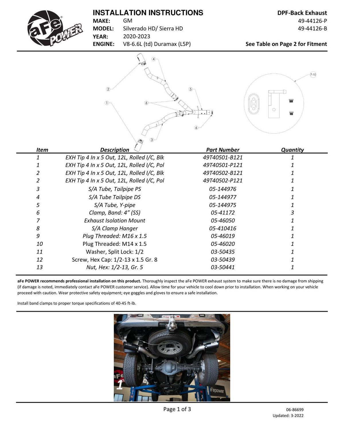 aFe Large Bore-HD 4in 409SS DPF-Back Exhaust System w/Polished Tips 20 GM Diesel Trucks V8-6.6L