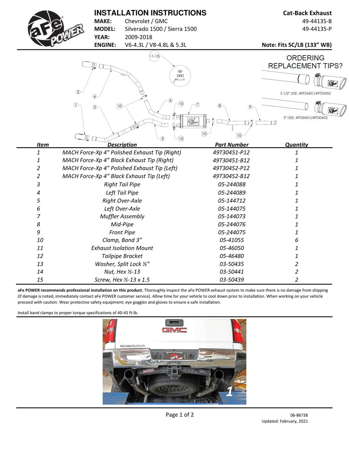 aFe Apollo GT Series Cat-Back Exhaust GM Trucks 09-18 V6-4.3L/V8-4.8/5.3L-Dual Rear Exit Black Tips