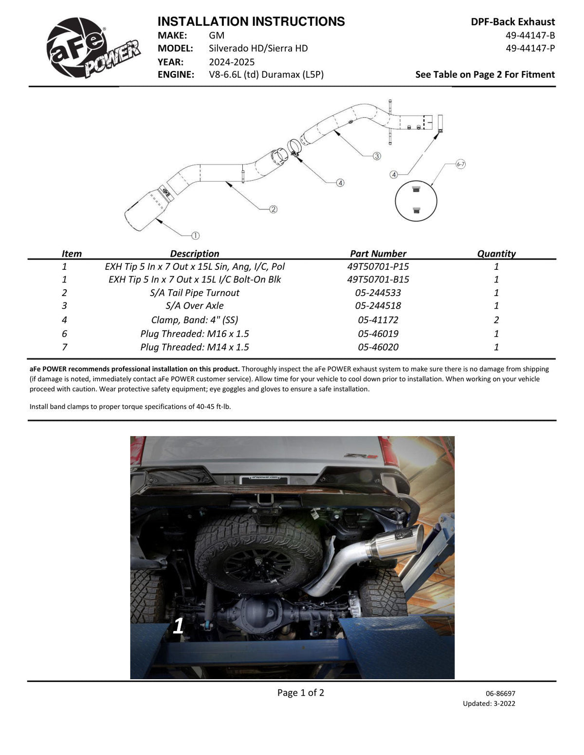 aFe Large Bore-HD 5in 409SS DPF-Back Exhaust System w/Blk Tip 24-25 GM Diesel Trucks V8-6.6L(td) L5P