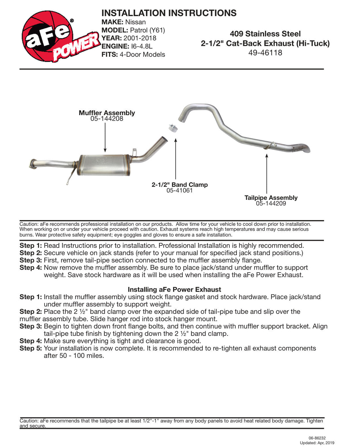 aFe MACH Force XP Exhaust Cat-Back 2.5in SS-409 01-19 Nissan Patrol L6 4.8L (4-Door Only)