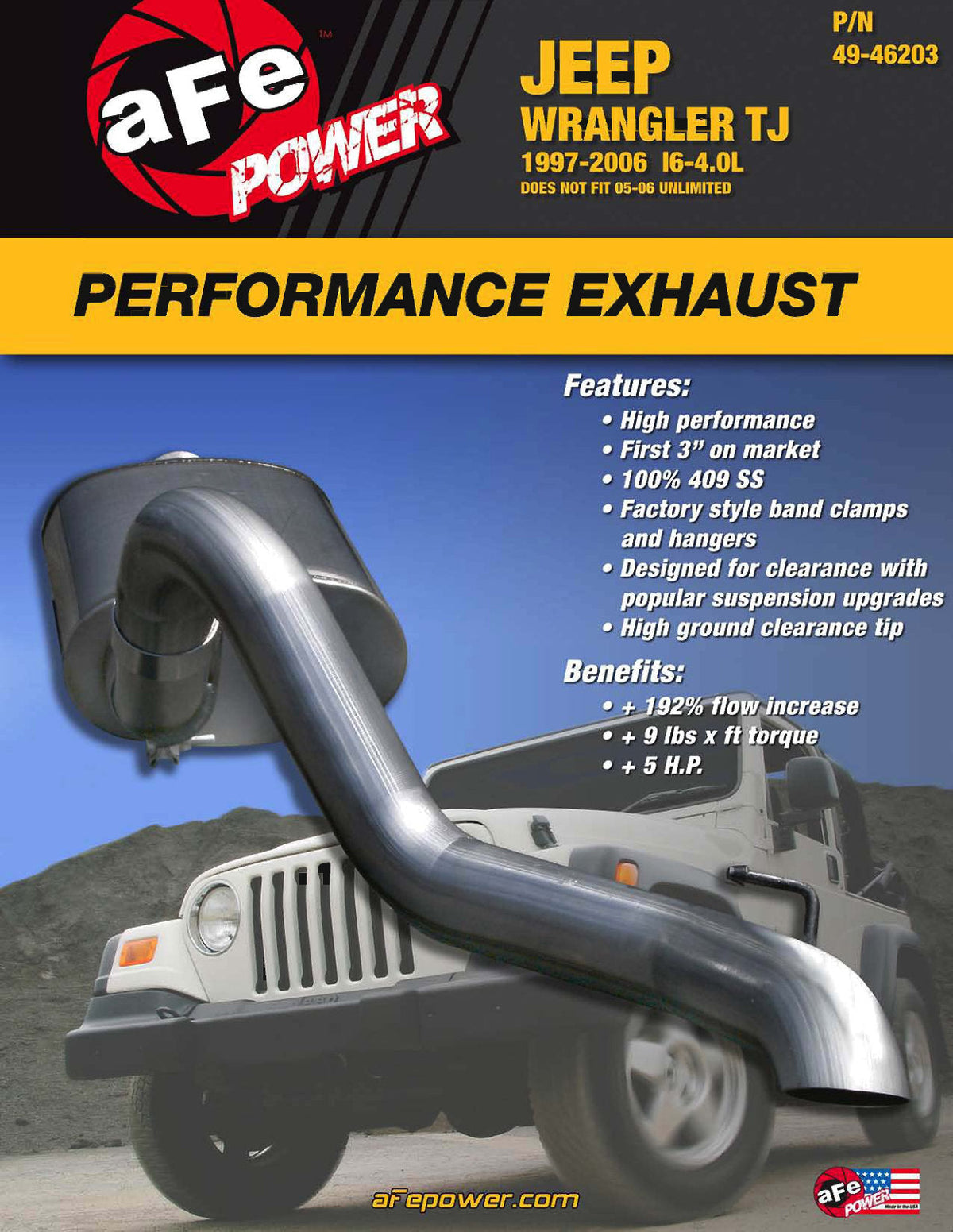 aFe MACH Force XP Exhausts Cat-Back SS-409 EXH CB Jeep Wrangler TJ 97-06 I6-4.0L HT
