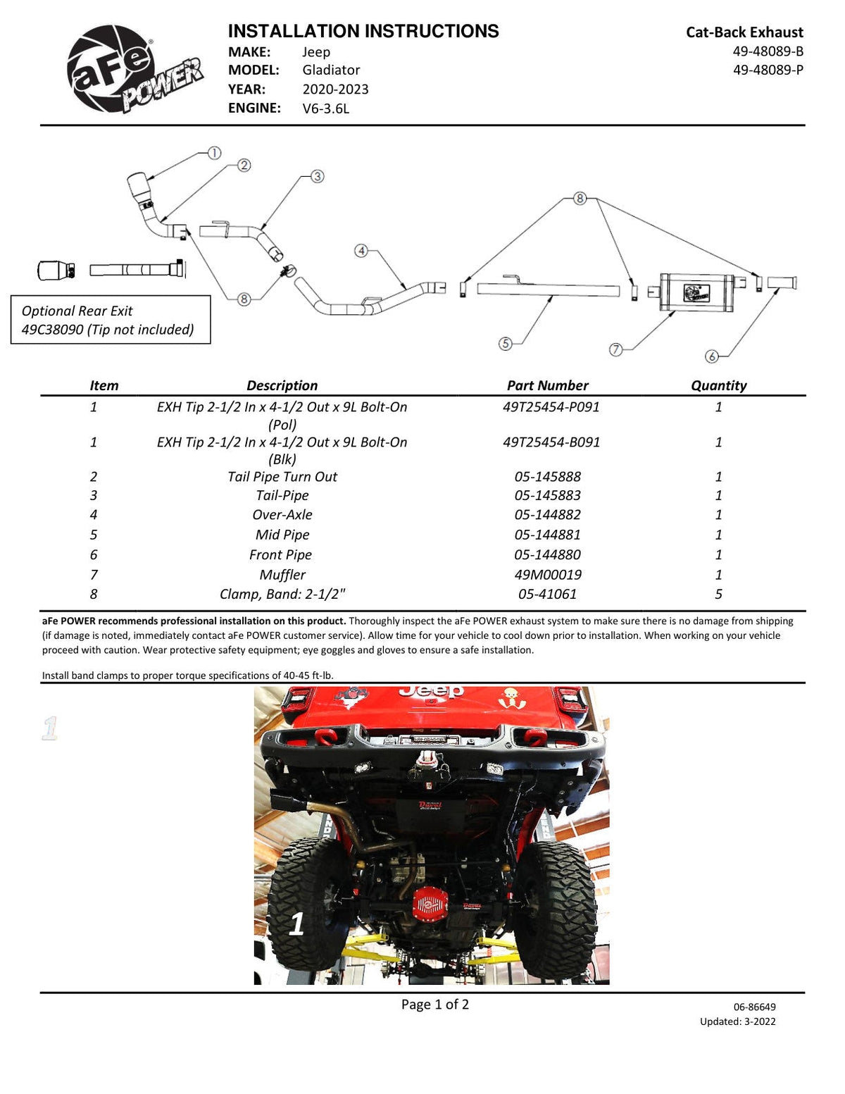 aFe Apollo GT Series 2.5in 409SS 20-21 Jeep Gladiator (JT) V6-3.6L - Black Tip
