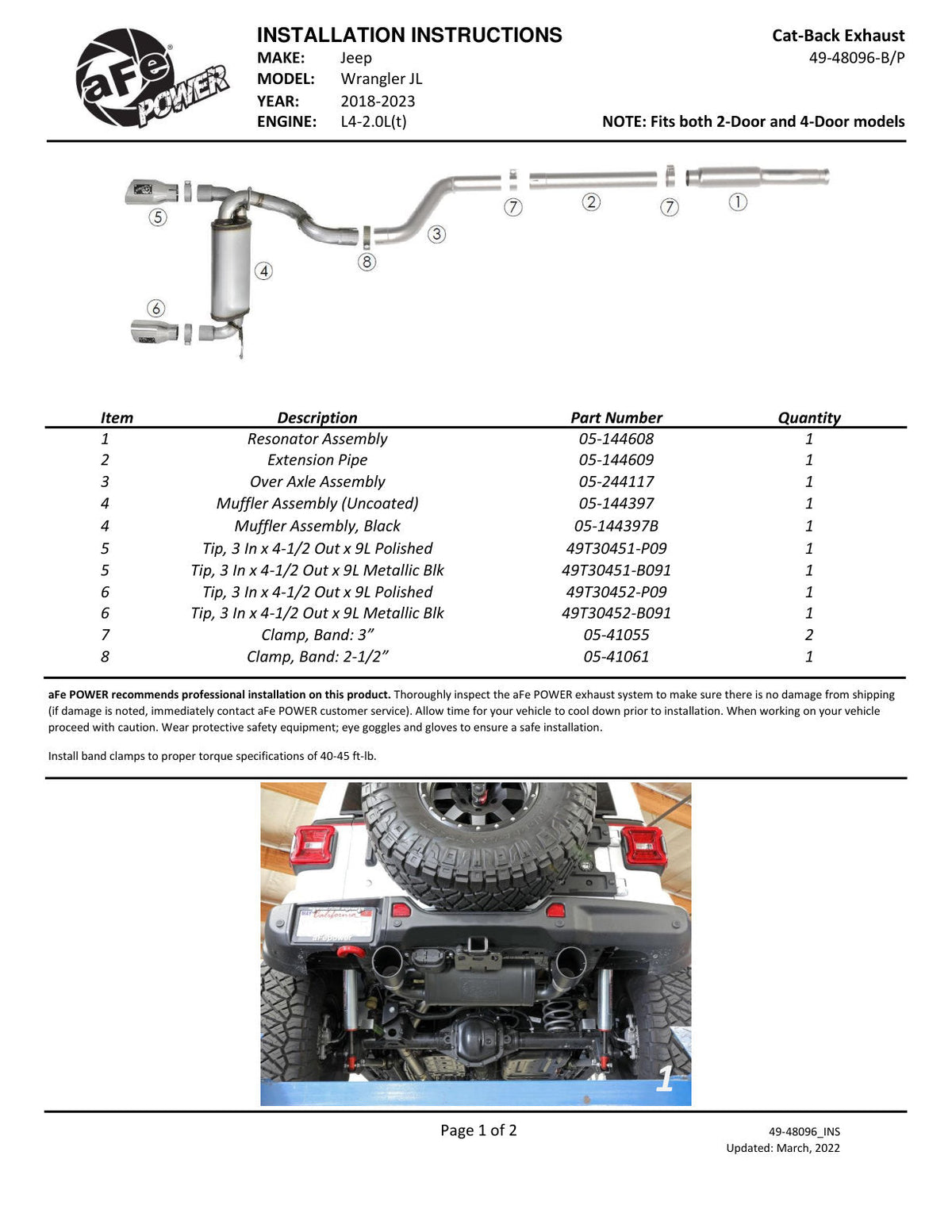 aFe Rebel Series 409 Stainless Steel Cat-Back Exhaust 18-21 Jeep Wrangler JL 2.0L (t) - Polished Tip
