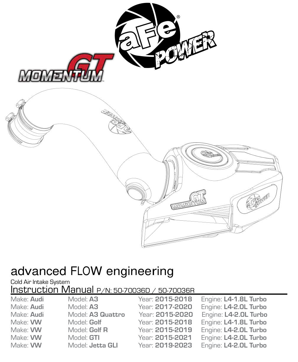 aFe Momentum GT Cold Air Intake System w/ Pro DRY S Media - 15-18 Volkswagen Golf R