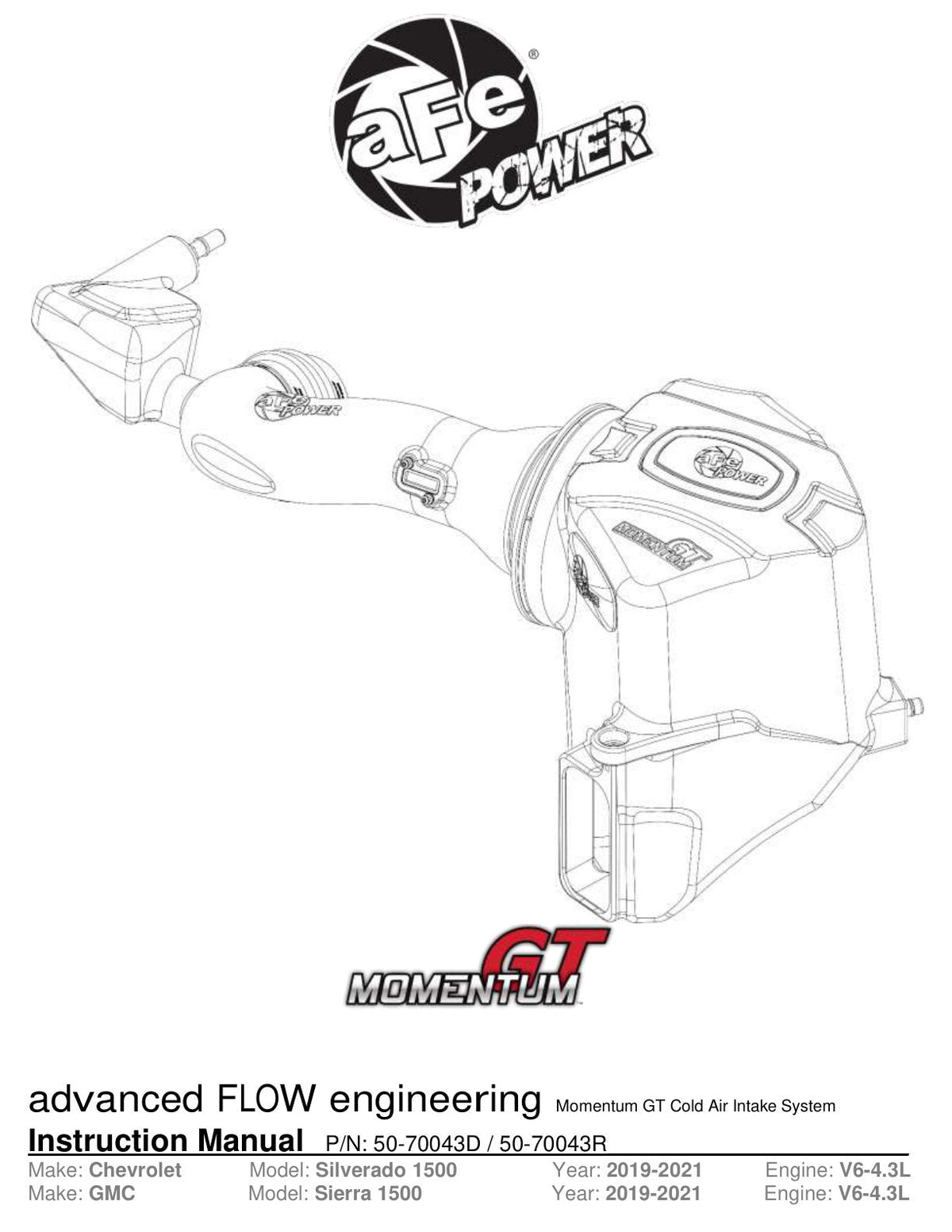 aFe Momentum GT Pro 5R Cold Air Intake System 19-21 GM Truck 4.3L V6