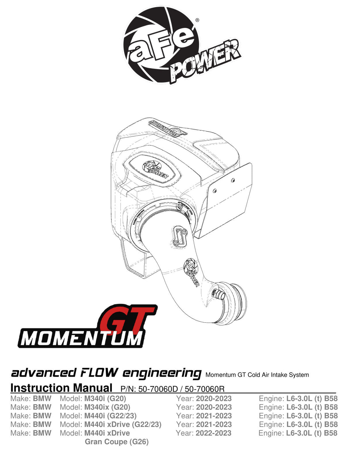 aFe Momentum GT Cold Air Intake System w/Pro 5R Filter 20-21 BMW M340i (G20) 3.0 L6 (t) N58
