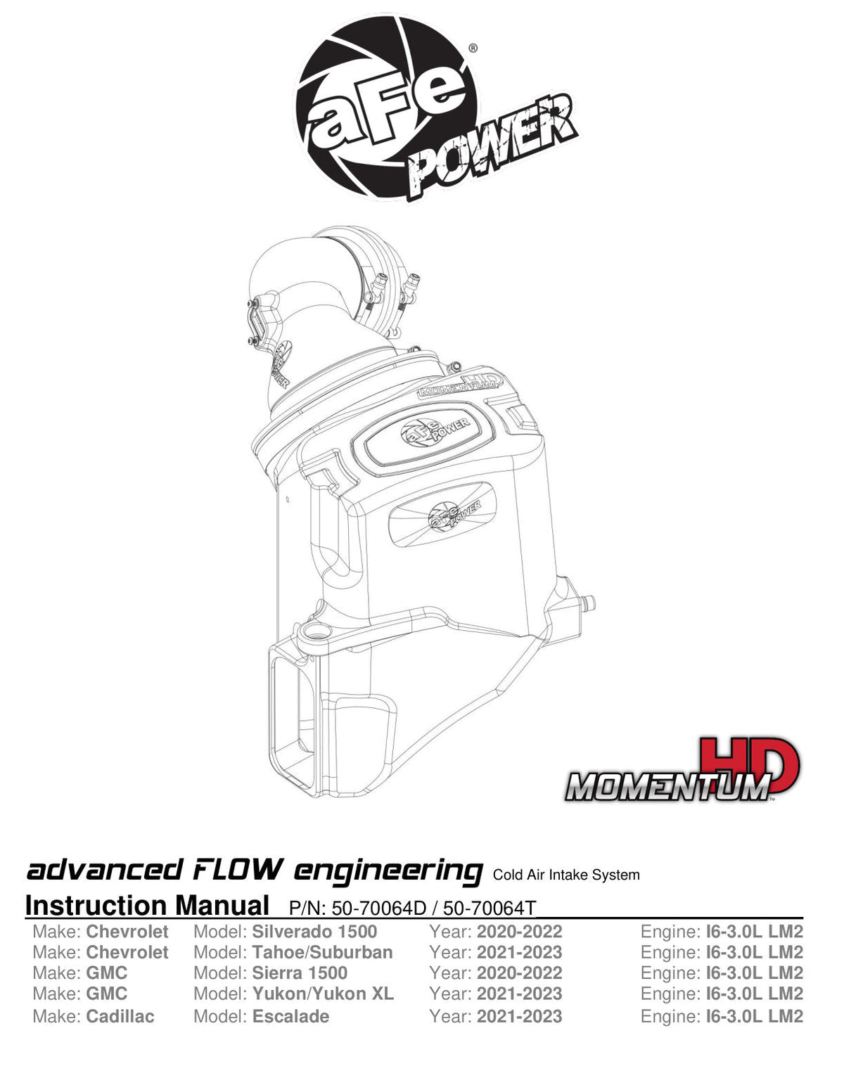 aFe Momentum HD Cold Air Intake System w/Pro Dry S Filter 2020 GM 1500 3.0 V6 Diesel