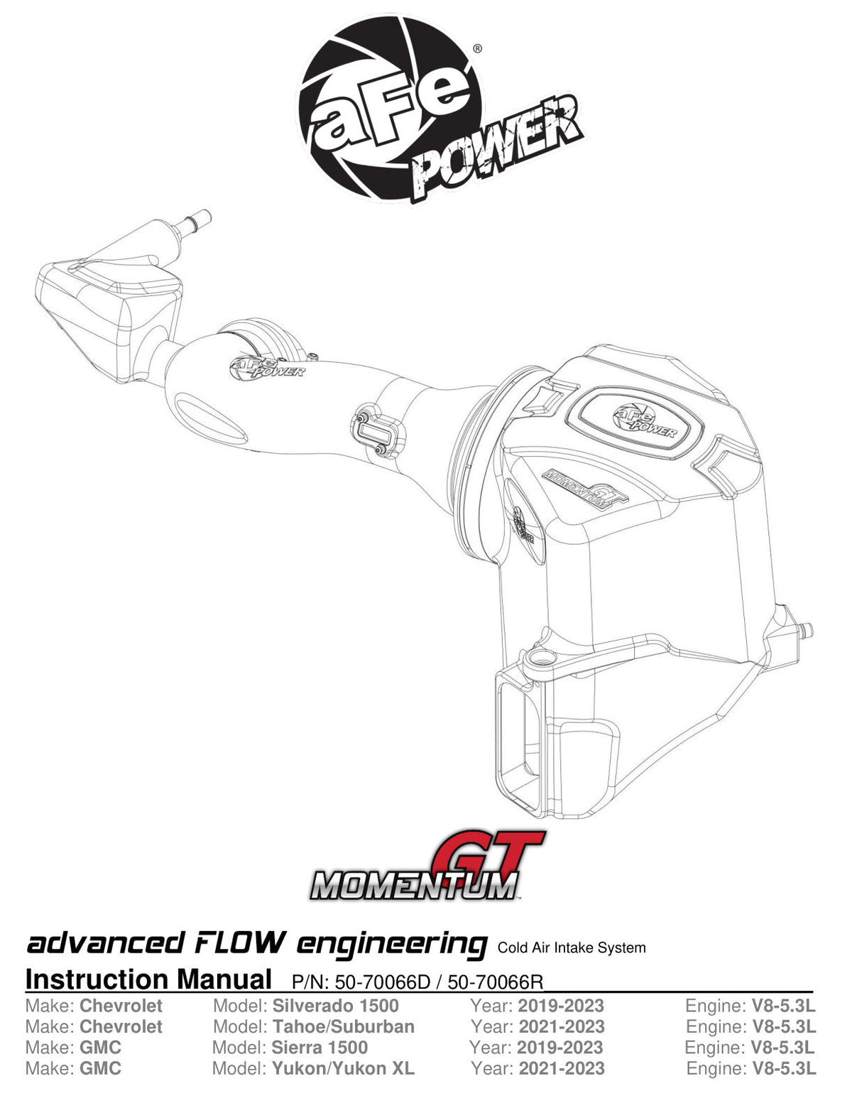 aFe Momentum GT Pro DRY S Cold Air Intake System 19-21 GM SUV 5.3L V8