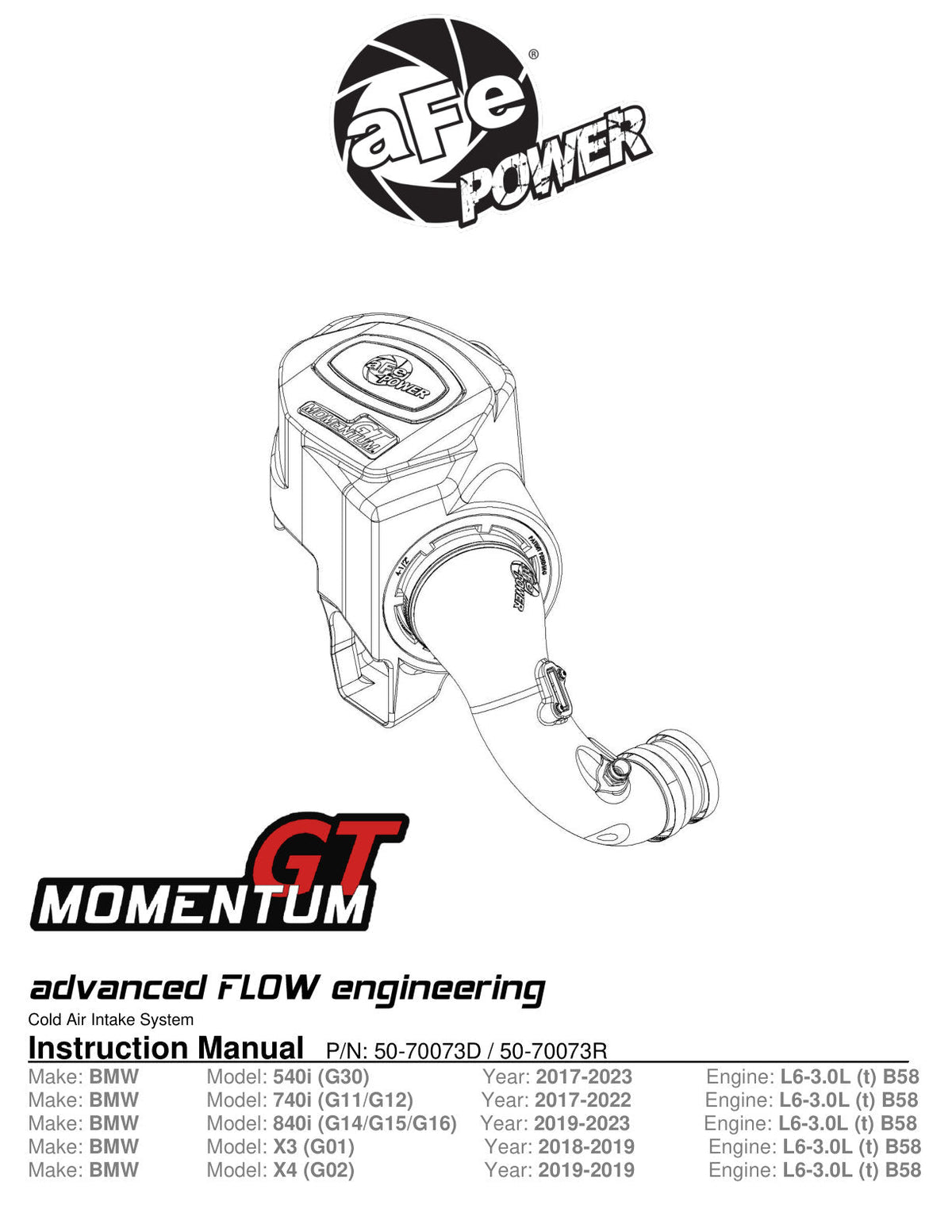 aFe Power Momentum GT Cold Air Intake System | 2017-2022 BMW 540i/740i/840i (50-70073R/D)