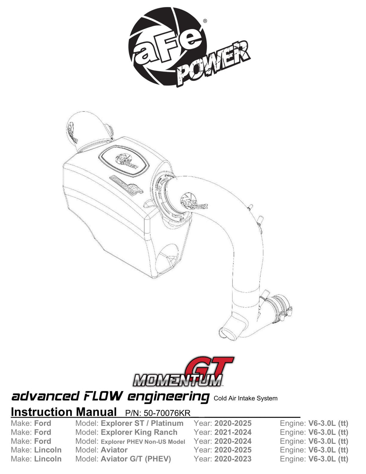 aFe Momentum GT Red Pro Dry S Cold Air Intake System 20-23 Ford Explorer ST V6-3.0L TT