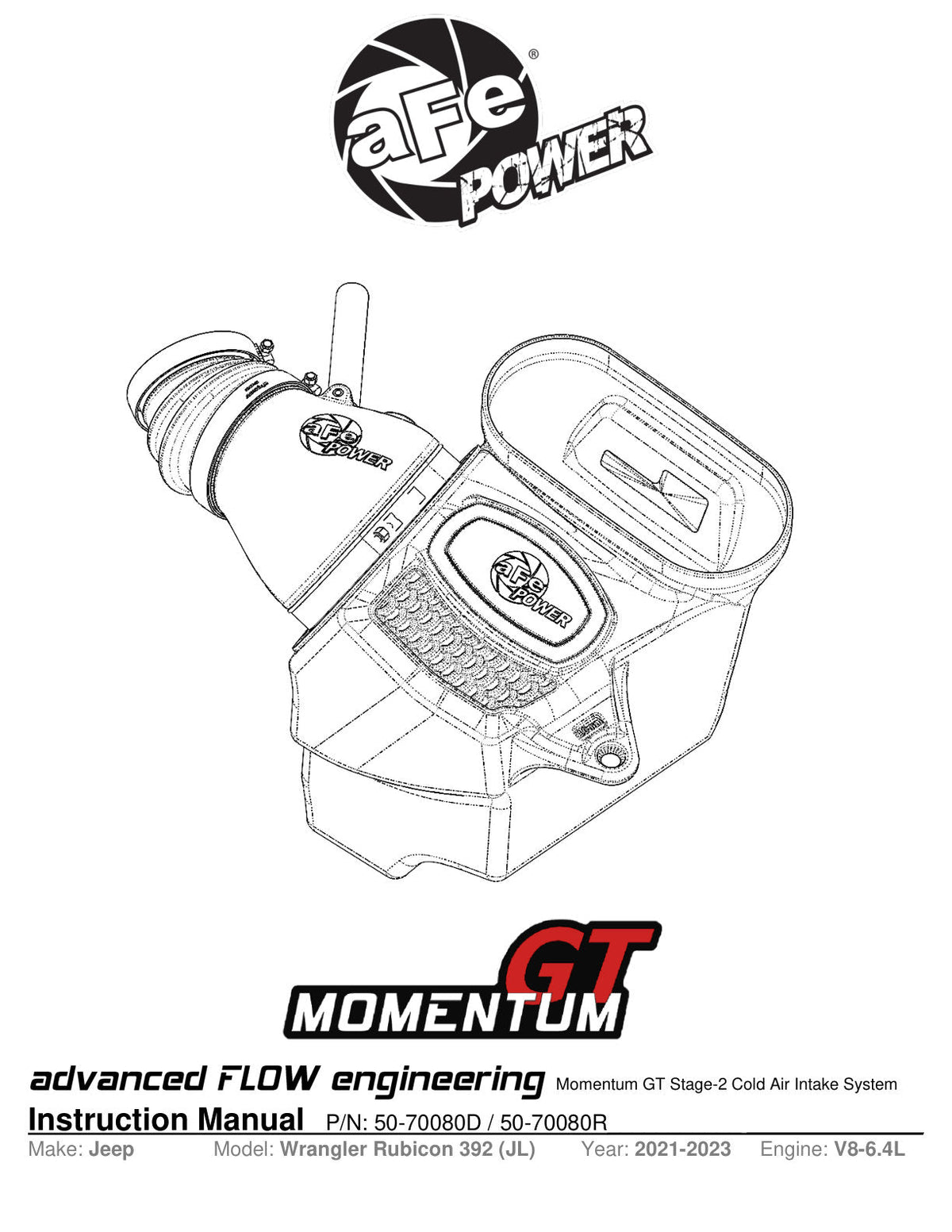 aFe Momentum GT Pro DRY S Cold Air Intake System 21-22 Jeep Wrangler 392 (JL) 6.4L V8