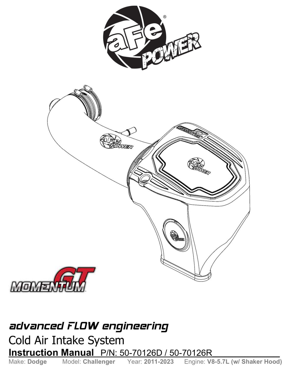aFe 11-23 Dodge Challenger V8 5.7L Momentum GT Cold Air Intake System w/ Pro 5R Filter