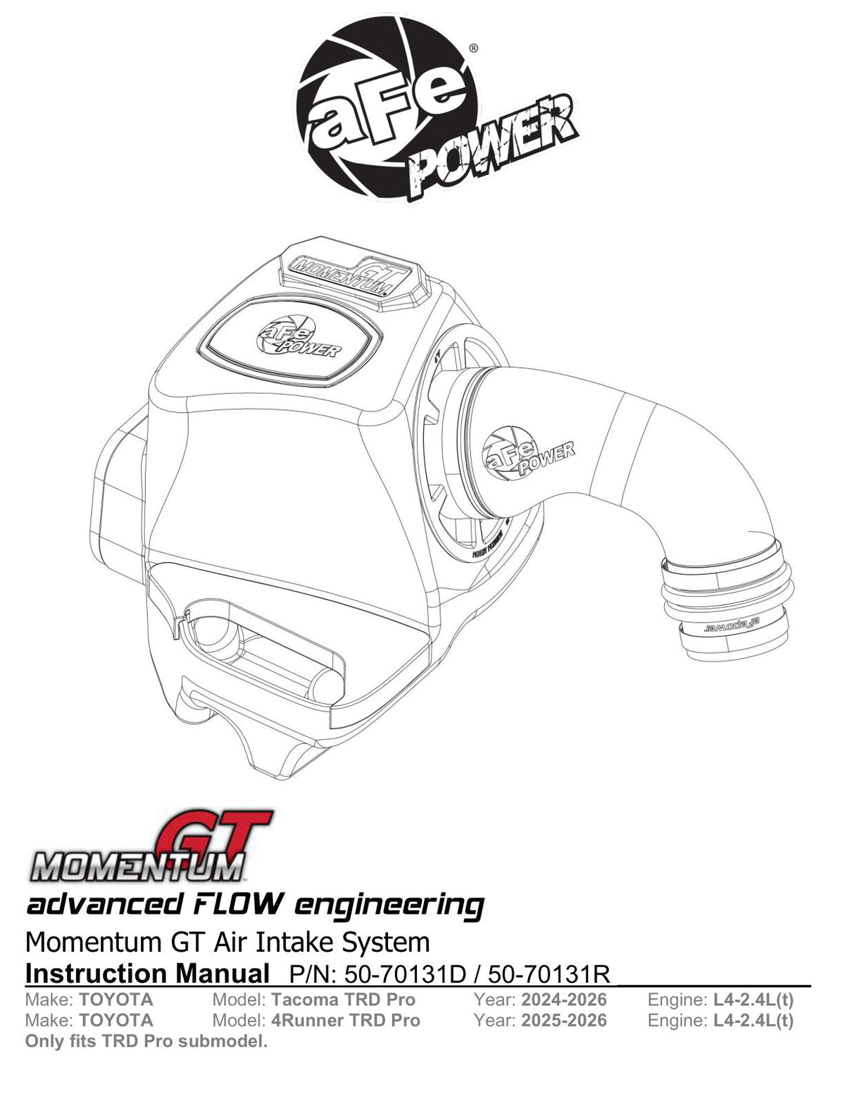 aFe Toyota Tacoma TRD Pro 24-26 / 4R TRD Pro 25-26 L4-2.4L Momentum GT CAI System w/Pro 5R Filter