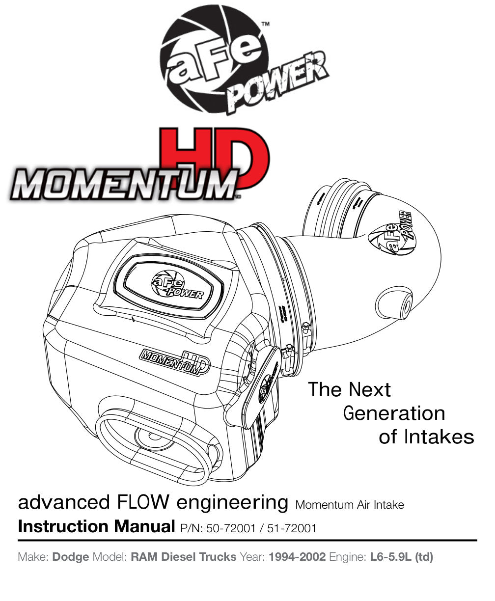 aFe Momentum HD Cold Air Intake System w/ Pro DRY S Filter Dodge Diesel Trucks 94-02 L6-5.9L (td)