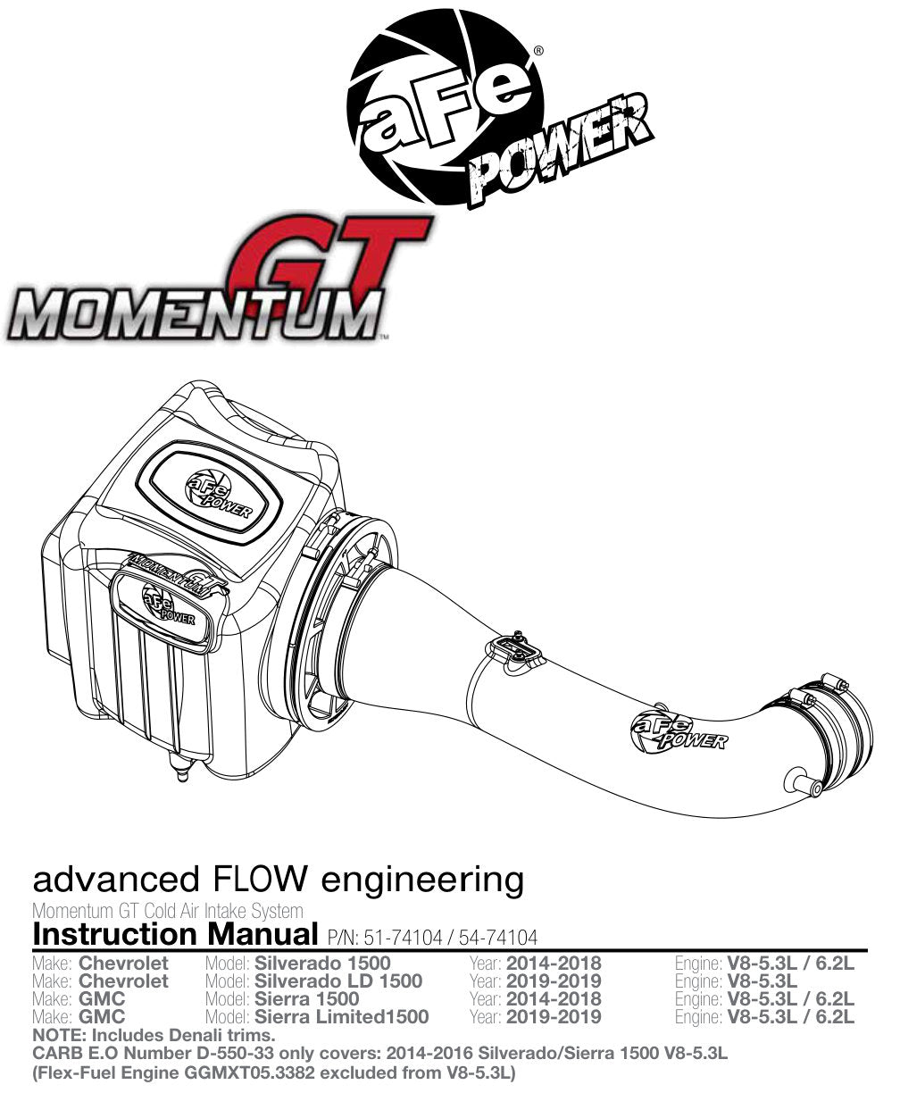 aFe Momentum GT PRO DRY S Stage-2 SI Intake System 15-17 GM Silverado/Sierra V8-6.2L