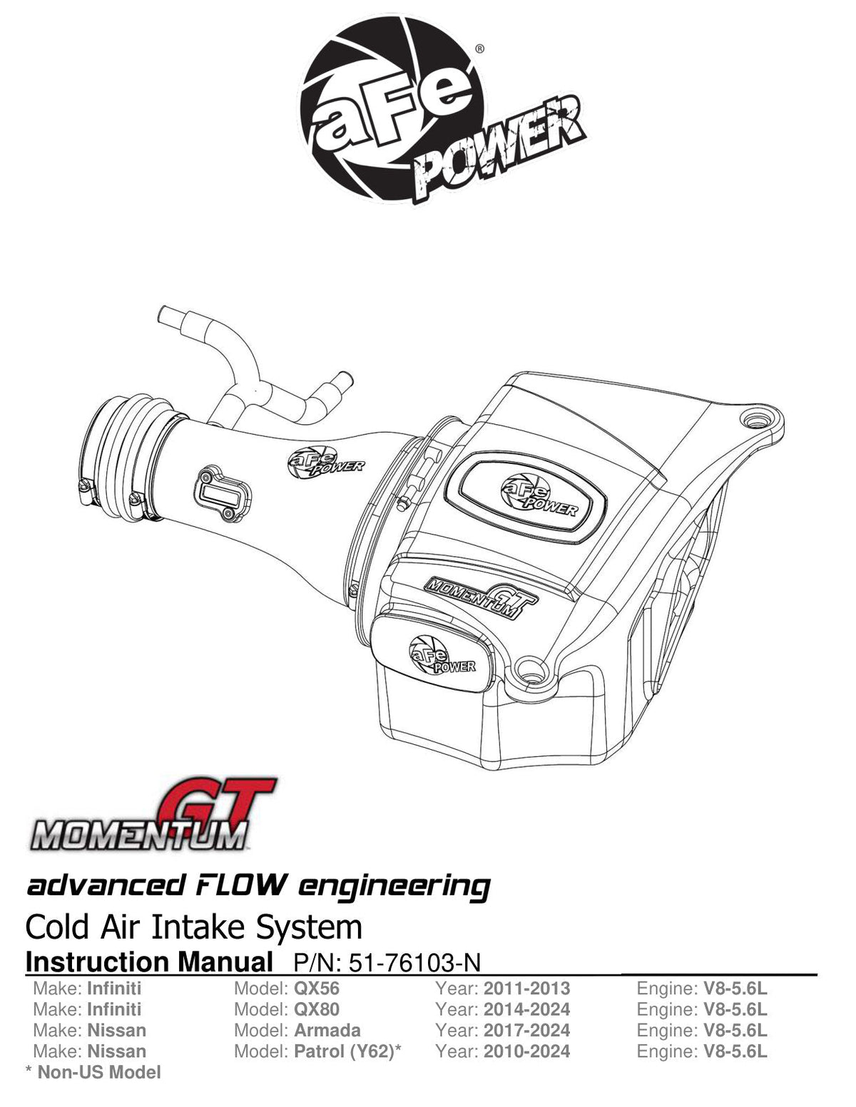 aFe Momentum Sealed Intake Nissan Armada 17-24/ Patrol 10-24 (Y62)/Infiniti QX80 14-24/ QX56 11-13