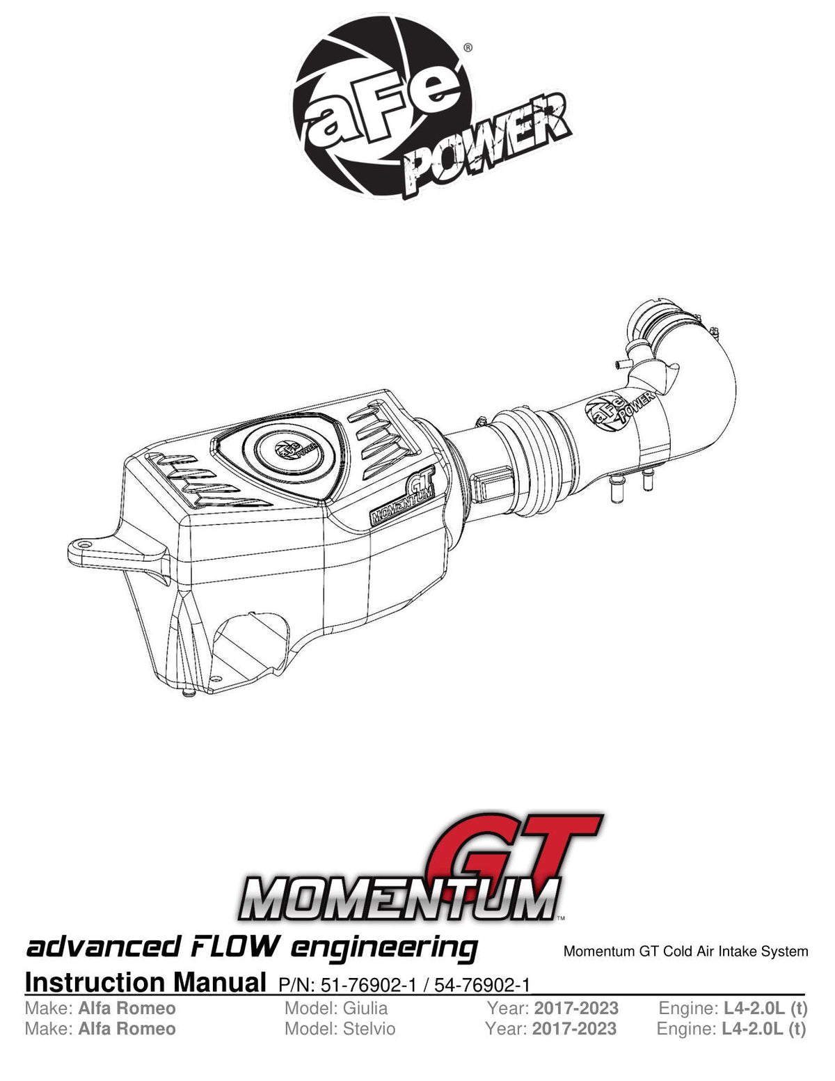 aFe POWER Momentum GT Pro Dry S Intake System 17-21 Alfa Romeo Giulia L4-2.0L (t)