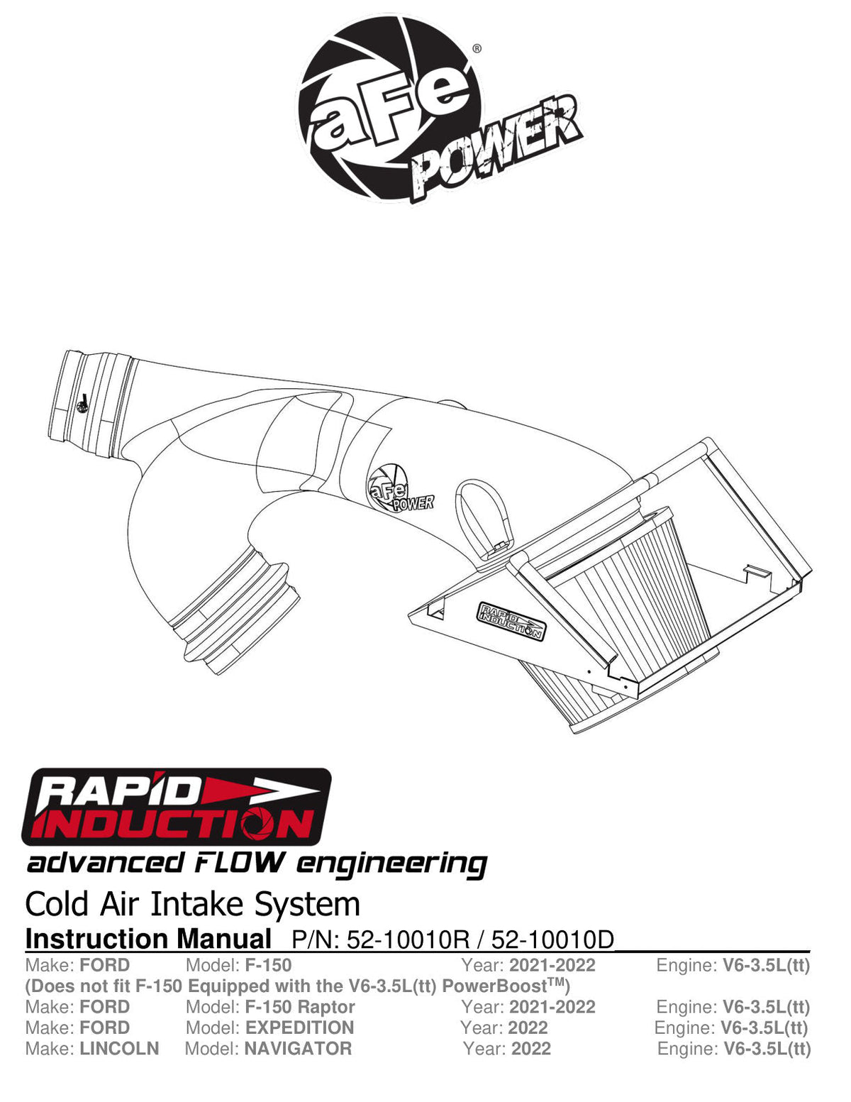 aFe Rapid Induction Cold Air Intake System w/Pro 5R Filter 2021+ Ford F-150 V6-3.5L (tt)