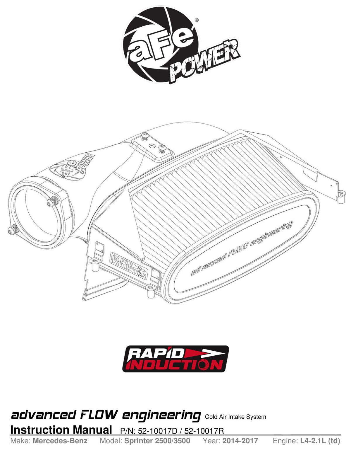 aFe Rapid Induction Pro 5R Cold Air Intake System 14-17 Mercedes-Benz Sprinter 2500/3500 L4-2.1L