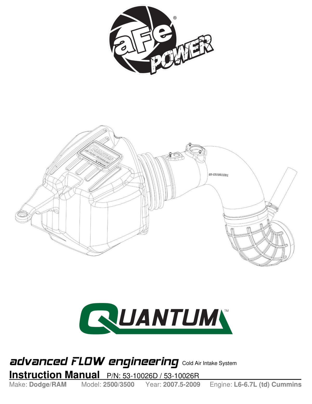 aFe 07-09 Ram 2500/3500 Cummins L6-6.7L (td) Quantum Cold Air Intake System w/ Pro Dry S Filter