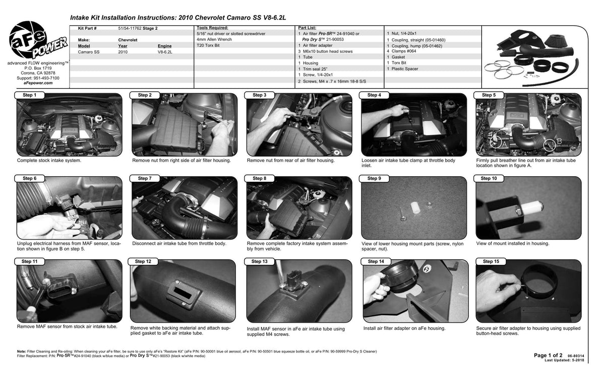 aFe MagnumFORCE Intakes Stage-2 P5R AIS P5R Chevrolet Camaro 10-11 V8-6.2L