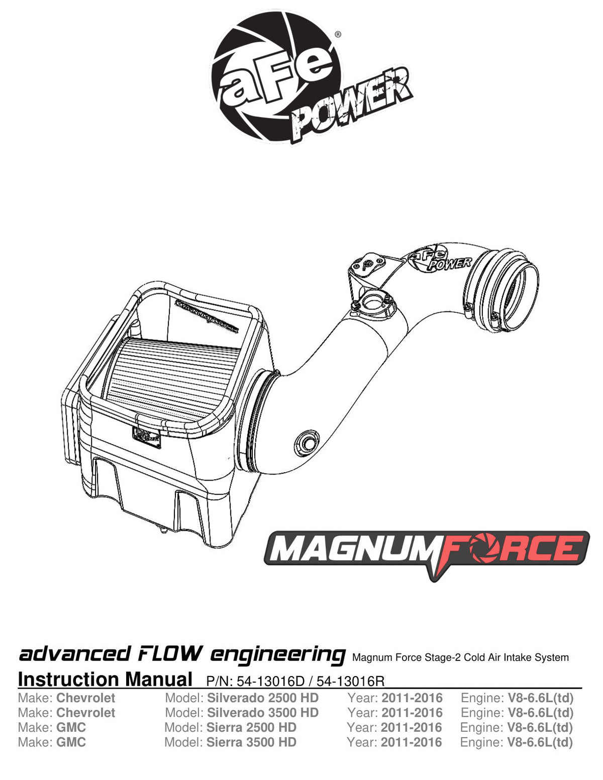 aFe 11-16 GM Silverado / Sierra 2500/3500HD (6.6L V8) MagnumFORCE Intake Stage-2 Pro DRY S