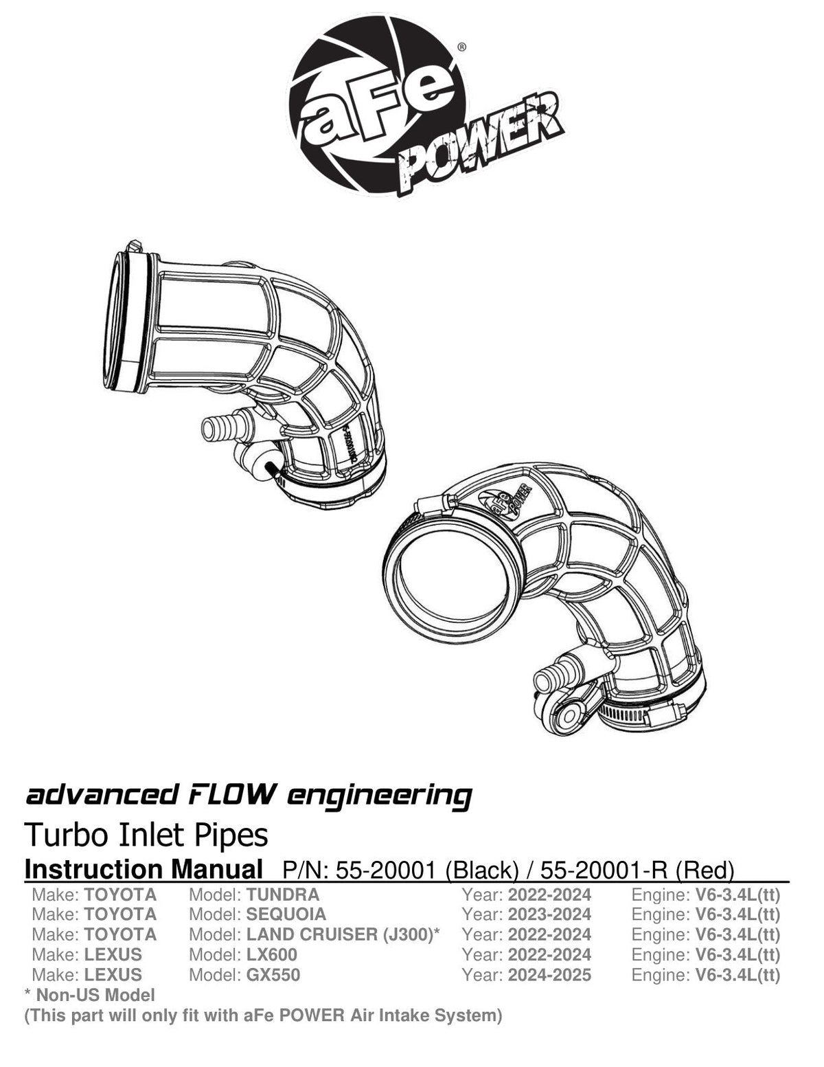 aFe Power 22-24 Toyota Land Cruiser (J300) / 22-24 Toyota Tundra V6-3.4L (tt) Red Turbo Inlet Pipes