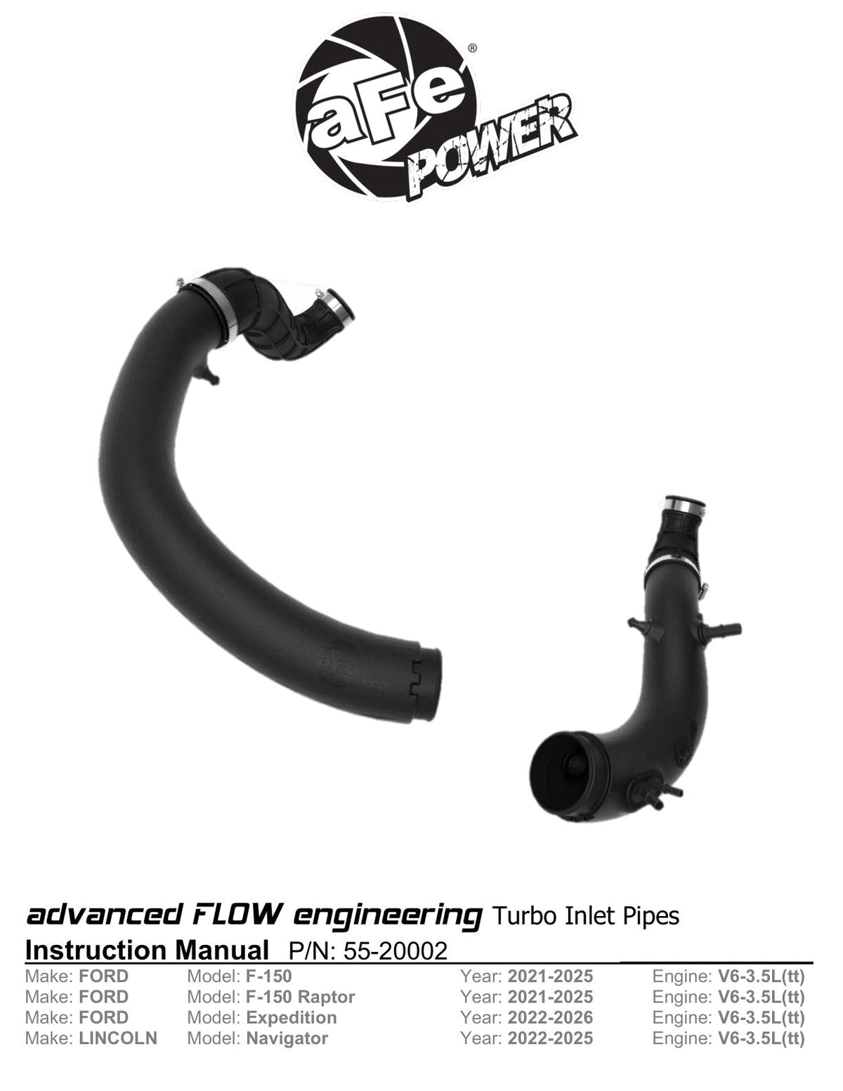 aFe Ford F-150/Raptor 21-25 V6-3.5L (tt) Turbo Inlet Pipes