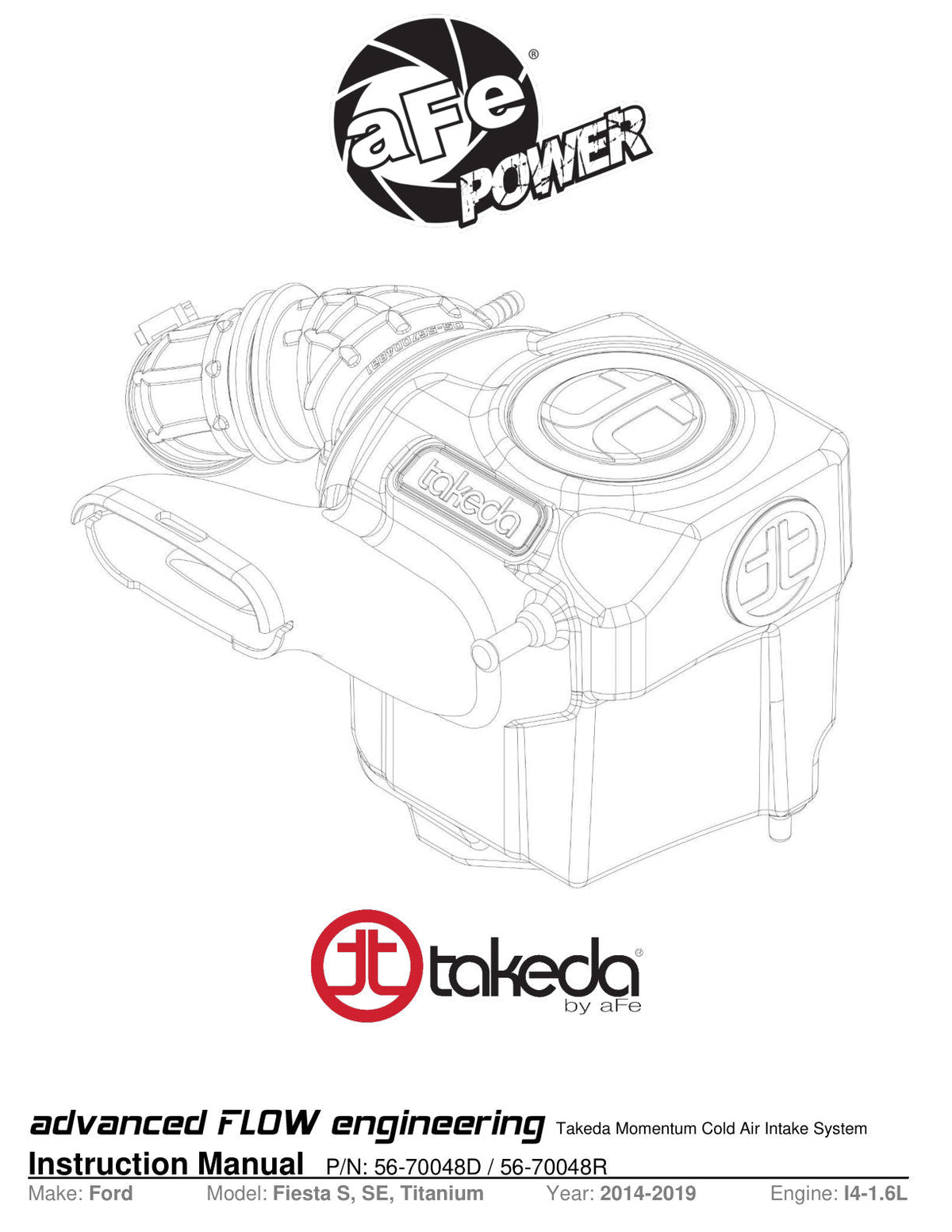 aFe Takeda Momentum Pro Dry S Cold Air Intake System 14-19 Ford Fiesta L4-1.6L