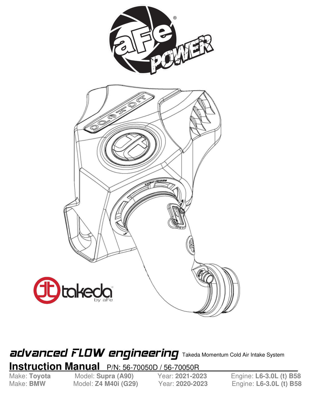 aFe Takeda Momentum Pro Dry S Cold Air Intake System 20-21 Toyota Supra L6-3.0L (T) B58