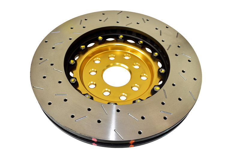 DBA 04-07 STi/2017 BRZ w/Perf. Pkg. 10 Hole Front Drilled/Slotted 5000 Series 2 Pc Rotor w/Gold Hat